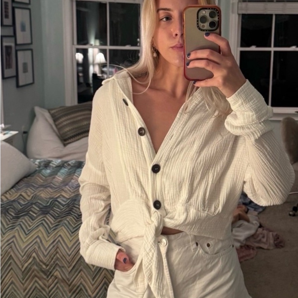 Free People Cream Gauze Button-Up Top with Tie